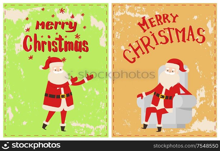 Merry Christmas Santa Claus sitting in cosy white armchair, cartoon character sticker on grunge. Vector greeting card with lettering and snowflakes. Merry Christmas Santa Claus Sitting Cosy Armchair