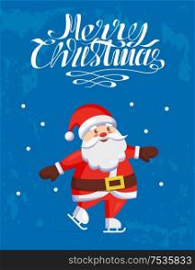 Merry Christmas, Santa Claus skating on skate rink isolated on blue snowy background. Saint Nicholas and winter sport activities, vector character in cartoon style. Merry Christmas, Santa Claus Skating on Skate Rink