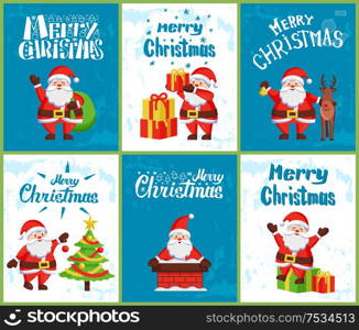 Merry Christmas, Santa Claus skating on skate rink, send greetings with bag, decorating Xmas tree, sitting in chimney pipe, with reindeer helper and gift boxes vector. Merry Christmas, Santa Claus Wintertime Adventures
