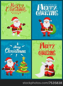 Merry Christmas, Santa Claus skating on skate rink, send greetings with bag, decorating Xmas tree, reading wish list isolated on blue and green snowy background. Merry Christmas, Santa Claus Wintertime Adventures