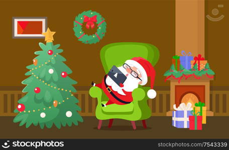 Merry Christmas Santa Claus sleeping on chair vector. Home interior decorated with wreath, bows and stars, fireplace with presents and giftboxes surprise. Merry Christmas Santa Claus Sleeping on Chair