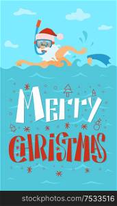 Merry Christmas, Santa Claus swimming in diving mask and red hat, New Year character on summer holidays vector sea and skyline. Water splashes and old man. Merry Christmas, Santa Claus Swimming, Diving Mask