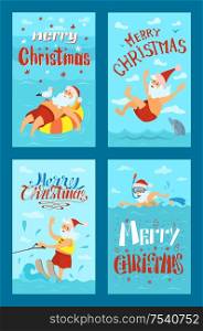 Merry Christmas, Santa Claus water activities on summer rest. New year character swimming with dolphin on summertime holidays vector. Water splashes and jumps in water. Merry Christmas Santa Claus Water Activities, Rest