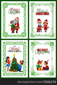 Merry Christmas, Santa Claus with kid sitting on lap and making wish vector. Father and daughter decorating pine tree, children unpacking presents. Merry Christmas, Santa Claus with Kid Making Wish