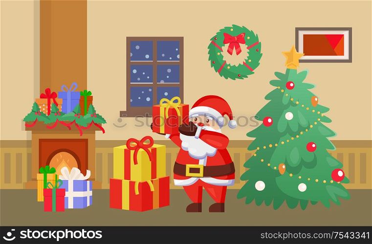 Merry Christmas Santa Claus with presents gifts vector. Home interior celebration decor with baubles, star wreath on wall. Fireplace with gifts in boxes. Merry Christmas Santa Claus with Presents Gifts