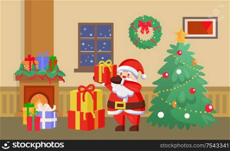Merry Christmas Santa Claus with presents gifts vector. Home interior celebration decor with baubles, star wreath on wall. Fireplace with gifts in boxes. Merry Christmas Santa Claus with Presents Gifts