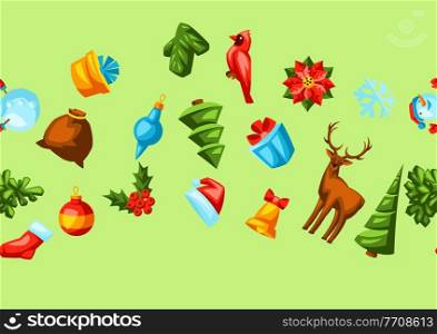 Merry Christmas seamless pattern. Holiday background in cartoon style. Happy celebration.. Merry Christmas seamless pattern. Holiday background in cartoon style.