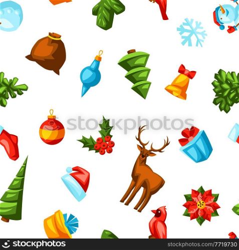 Merry Christmas seamless pattern. Holiday background in cartoon style. Happy celebration.. Merry Christmas seamless pattern. Holiday background in cartoon style.