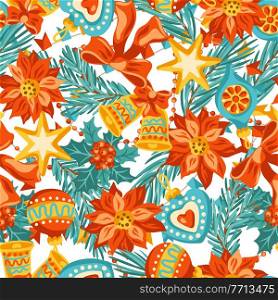 Merry Christmas seamless pattern. Holiday background in vintage style. Happy New Year celebration.. Merry Christmas seamless pattern. Holiday background in vintage style.