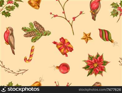 Merry Christmas seamless pattern. Holiday background in vintage style.. Merry Christmas seamless pattern.