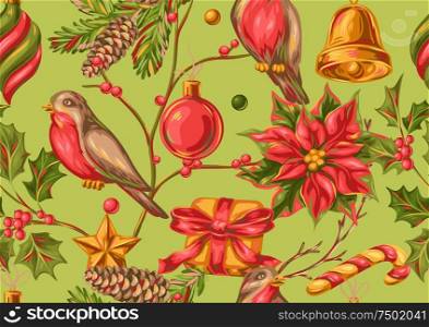 Merry Christmas seamless pattern. Holiday background in vintage style.. Merry Christmas seamless pattern.