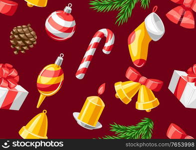 Merry Christmas seamless pattern. Holiday background with decorations.. Merry Christmas seamless pattern.