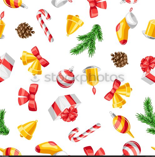 Merry Christmas seamless pattern. Holiday background with decorations.. Merry Christmas seamless pattern.