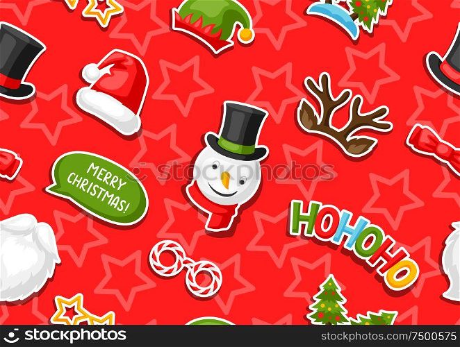 Merry Christmas seamless pattern with photo booth stickers. Background for festival and party.. Merry Christmas seamless pattern with photo booth stickers.