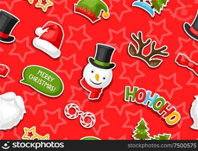 Merry Christmas seamless pattern with photo booth stickers. Background for festival and party.. Merry Christmas seamless pattern with photo booth stickers.