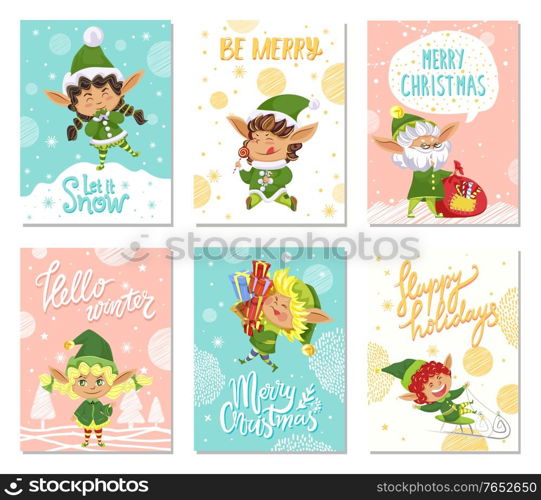Merry christmas, set of greeting cards with calligraphic inscriptions and elves. Cute dwarf with presents and gifts for holidays. Collection of postcards with landscapes and bokeh vector in flat. Merry Christmas Let it Snow Greeting Cards Set