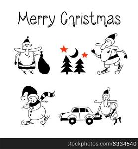 Merry Christmas! Set of vector Christmas clipart. Jolly Santa Claus hand drawn. Santa Claus with bag of gifts. Santa Claus and car, Santa on skates , the cheerful snowman on skates.