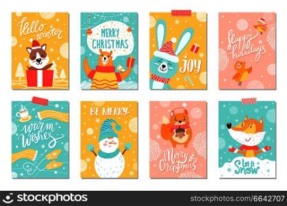 Merry Christmas set of winter holidays posters with funny animals with warm wishes and congratulations. Vector illustration with bears and foxes in sweaters. Merry Christmas Set of Winter Holidays Posters