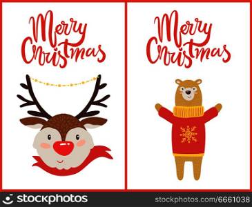 Merry Christmas set postcards deer dressed in red woolen scarf and bear in sweater with knitted snowflake vector illustration xmas symbols posters. Merry Christmas Color Set Postcards Deer and bear