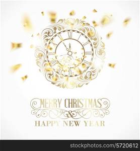 Merry christmas sign and clock circle with golden confetti over white background. Vector illustration.