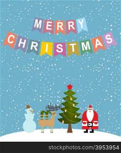 Merry Christmas. Snowfall. Christmas characters: Santa Claus and Christmas tree. Reindeer and Elf. Sweetheart Greeting Card