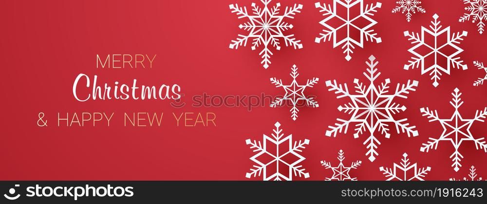 Merry Christmas, snowflakes background with lettering in paper art style