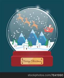 Merry Christmas snowglobe with Santa and deer. Postcard in blue color with snowflakes in glass bulb. Winter holiday card with snowy mountains and fir-tree in snow globe, Xmas traditional symbol vector. Snow Globe with Santa and Snowy Mountain Vector