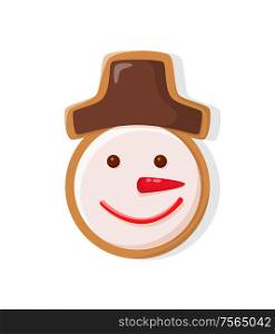 Merry Christmas snowman gingerbread cookie isolated icon vector. Winter holiday character made of gingerbread wearing hat, personage with carrot nose. Merry Christmas Snowman Gingerbread Cookie Icon