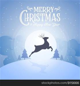 Merry Christmas snowy night and happy new year festival end year party silhouette deer and blue text calligraphy decoration greeting card abstract wallpaper background. Xmas day graphic design vector