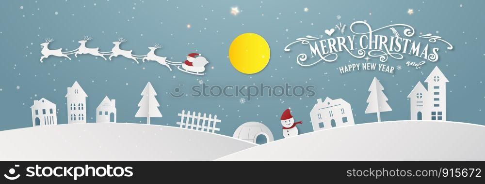 Merry Christmas snowy town day night and happy new year blue Xmas festival end year party silhouette Santa Claus and deer decoration greeting card abstract wallpaper background. Graphic design vector