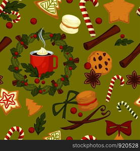 Merry Christmas symbolic food and plant seamless pattern vector mistletoe leaves and gingerbread cookies with chocolate crumbles candy lollipop stick with striped print cinnamon aroma species.. Merry Christmas symbolic food and plant seamless pattern vector