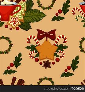 Merry Christmas symbolic food and plant seamless pattern vector mistletoe leaves and gingerbread cookies with chocolate crumbles candy lollipop stick with striped print cinnamon aroma species.. Merry Christmas symbolic food and plant seamless pattern vector