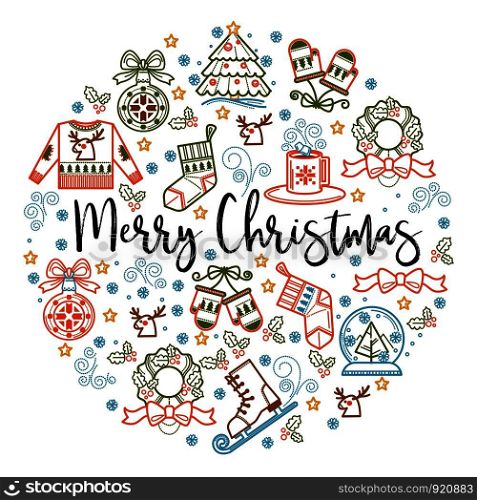 Merry Christmas symbolic icons placed in circle with text vector. Knitted sweater with reindeer image, baubles decoration toys and pine tree branches mistletoe branches decorated with ribbons. Merry Christmas symbolic icons placed in circle with text