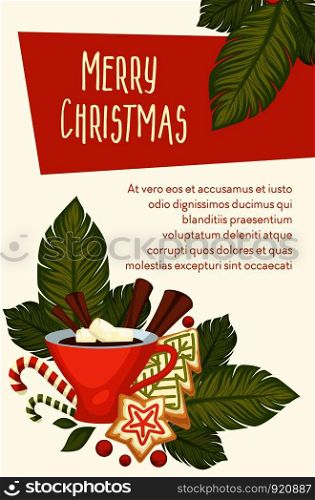 Merry Christmas, symbolic images of new Year winter holidays vector. Cup with hot chocolate and melting marshmallow, cinnamon stick and cookies made of gingerbread. Candy sticks and mistletoe. Merry Christmas, symbolic images of new Year winter holidays