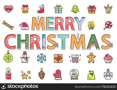 Merry Christmas symbols and icons set vector. Isolated new year signs, presents and gifts on holiday. Chimney and snowball, candle and bauble with snowflake ornament. Cake and angel creature. Merry Christmas Pack of Icons in Flat Style Vector