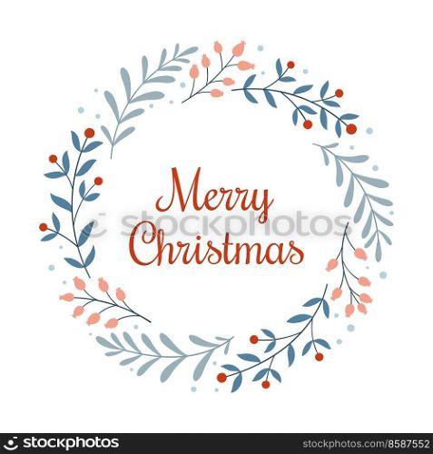 Merry Christmas. Template for a Christmas card with a wreath of branches, berries and an inscription in the Scandinavian style on a white background. Vector illustration. Merry Christmas. Template for a Christmas card or holiday print with a wreath of branches, berries and an inscription in the Scandinavian style on a white background.