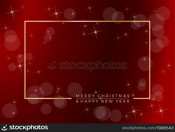 Merry Christmas text and golden frame, empty red background, in red, made with starry sky and blurry lights