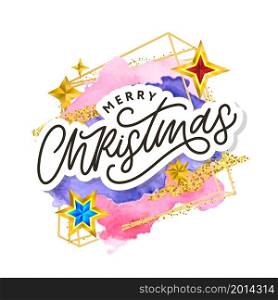 Merry Christmas text decorated with hand drawn branches with gold stars. Greeting card design element. Vector. Merry Christmas text decorated with hand drawn lettering with gold stars. Greeting card design element. Vector typography.