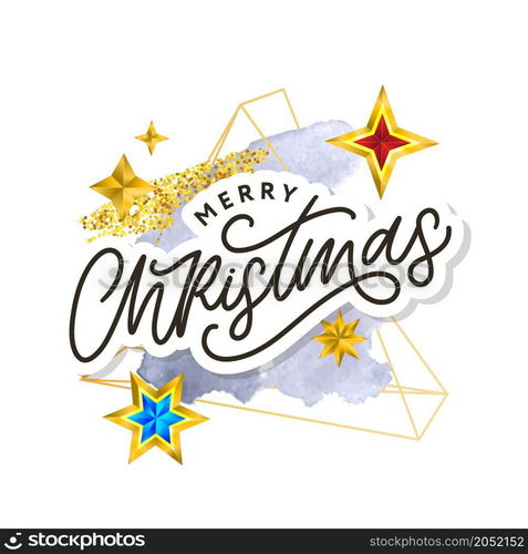 Merry Christmas text decorated with hand drawn branches with gold stars. Greeting card design element. Vector. Merry Christmas text decorated with hand drawn lettering with gold stars. Greeting card design element. Vector typography.