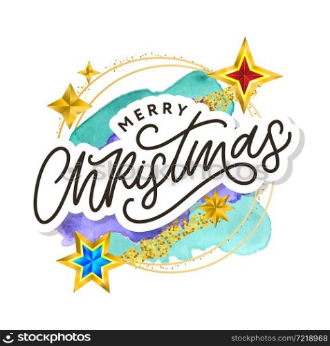 Merry Christmas text decorated with hand drawn branches with gold stars. Greeting card design element. Vector. Merry Christmas text decorated with hand drawn lettering with gold stars. Greeting card design element. Vector typography.