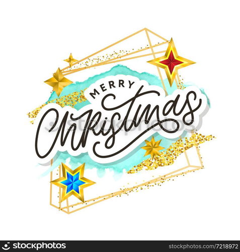 Merry Christmas text decorated with hand drawn branches with gold stars. Greeting card design element. Vector. Merry Christmas text decorated with hand drawn lettering with gold stars. Greeting card design element. Vector typography.