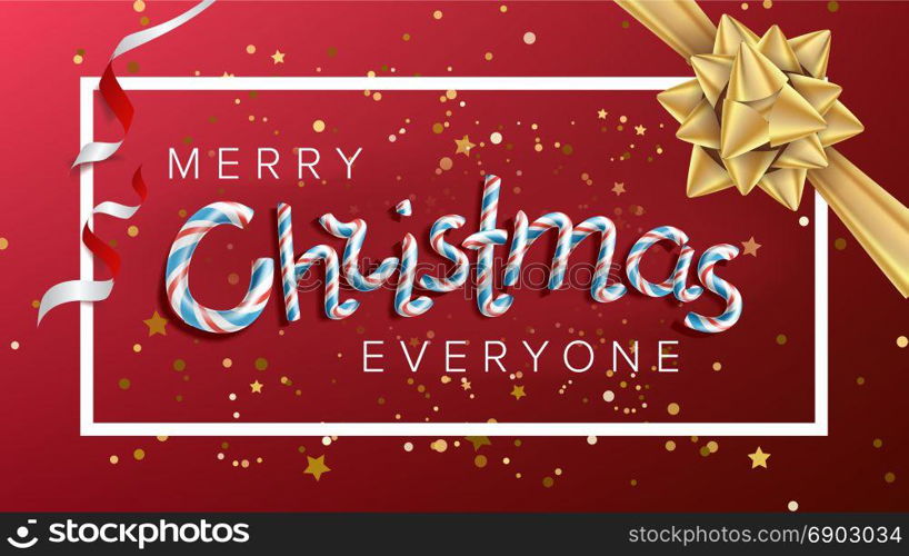 Merry Christmas Text Vector. Realistic Bow. Christmas Greeting Card. Modern New Year Poster, Brochure, Flyer Template Design. Holiday Illustration. Merry Christmas And Happy New Year Text Vector. Christmas Greeting Card. Modern New Year Poster, Flyer Template Design. Festival Holiday Illustration