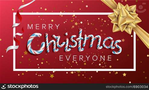 Merry Christmas Text Vector. Realistic Bow. Christmas Greeting Card. Modern New Year Poster, Brochure, Flyer Template Design. Holiday Illustration. Merry Christmas And Happy New Year Text Vector. Christmas Greeting Card. Modern New Year Poster, Flyer Template Design. Festival Holiday Illustration