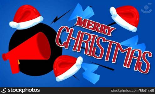 Merry Christmas text with cartoon Megaphone. Vector Announcement illustration.