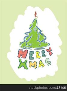 merry christmas text with christmas tree seasonal holiday vector card illustration