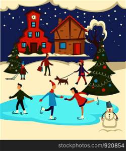 Merry Christmas town celebration, people having fun outdoors vector. Skating rink with couple skiing together children with sledges, woman walking dog. Decorated evergreen trees, snowman with bucket. Merry Christmas town celebration, people having fun outdoors