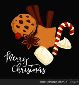 Merry Christmas traditional cookies and biscuits with cinnamon vector. Chocolate flavored pastry, marshmallow and lollipop candy. Sweets and pastry on winter holiday celebration, delicious food. Merry Christmas traditional cookies and biscuits with cinnamon vector