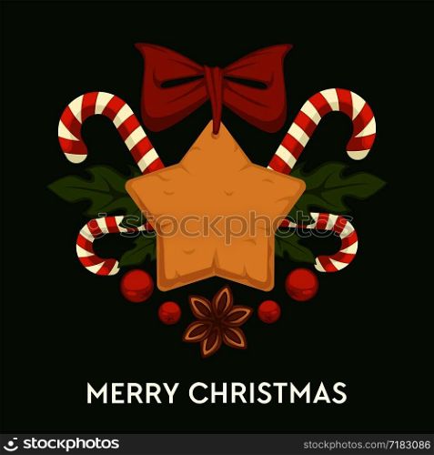 Merry Christmas, traditional gingerbread symbolic cookies and candies vector. Cinnamon herb flavor of biscuit, mistletoe plant leaves with berries. Sweets lollipop sticks and bow of red ribbon. Merry Christmas, traditional gingerbread cookies and candies vector