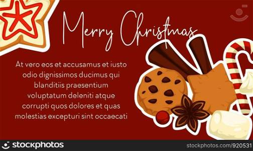 Merry Christmas traditional symbolic food sweets and snacks vector poster with text sample and gingerbread cookies with chocolate crumbles star shaped biscuits with frosting and ornaments cinnamon.. Merry Christmas traditional symbolic food sweets and snacks