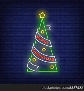 Merry Christmas tree neon sign. Fir, tree, New Year. Night bright advertisement. Vector illustration in neon style for banner, billboard